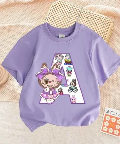 Labubu Letter A-Z Print T-shirt Cotton Summer Outdoor Wear Short Sleeve Girls Clothes Cute Top Cartoon Children Clothing Toddler