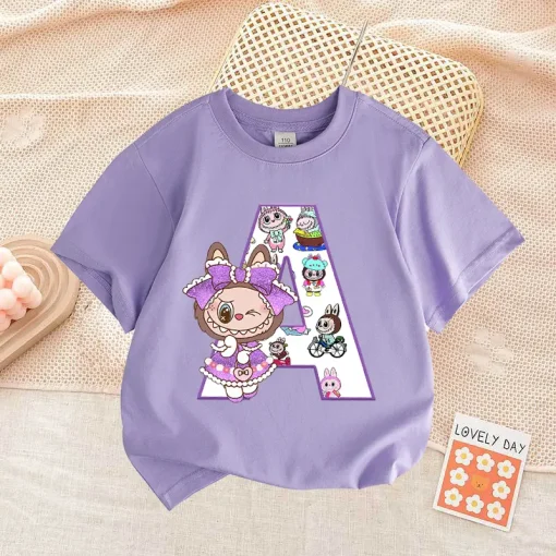 Labubu Letter A-Z Print T-shirt Cotton Summer Outdoor Wear Short Sleeve Girls Clothes Cute Top Cartoon Children Clothing Toddler