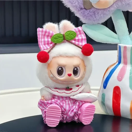 For 17 cm labubu v1/v2/v3 doll clothes cherry satchel set labubu outfit replace happy for Outfit Clothes Accessories