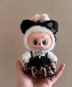 For 15-17cm Labubu 10cm Cotton Doll Leopard Print Lace Suspender Headband Set Clothing Mini Doll'S Clothes Outfit Accessories